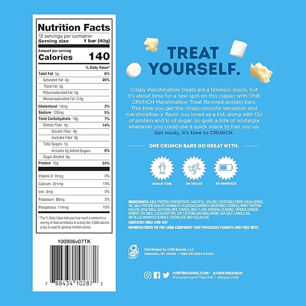 ONE CRUNCH PROTEIN BARS, MARSHMALLOW TREAT, GLUTEN FREE PROTEIN BARS WITH 12G PROTEIN AND 1G SUGAR, PANTRY STAPLES, 2.12 OZ (12 COUNT)