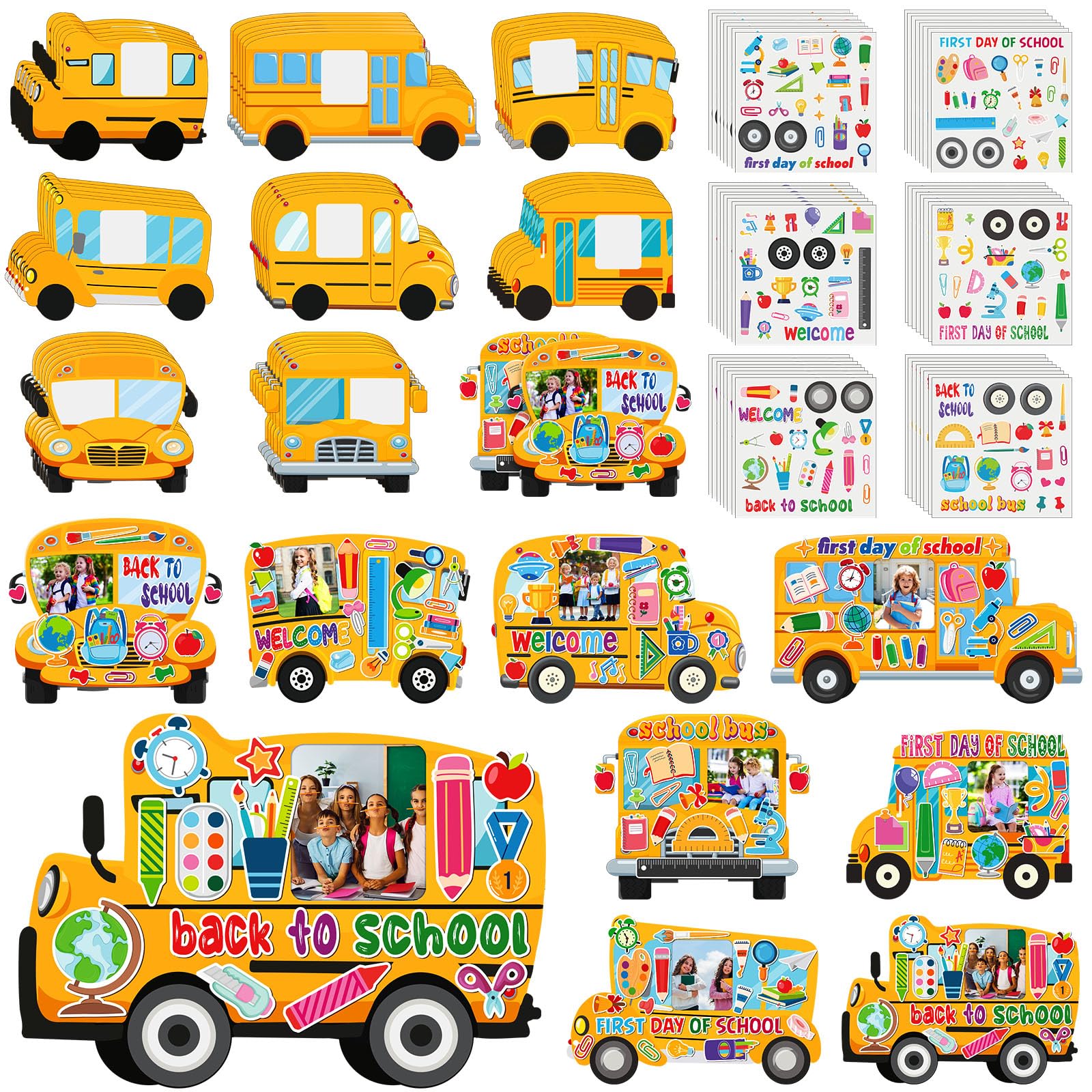 Photo 1 of Beeveer 96 Pcs School Bus Picture Frame Craft DIY First Day of Back to School Photo Frame Craft Gift Bulk with Stickers for Students 1st Day Activities Teacher Classroom Decor Party Supplies