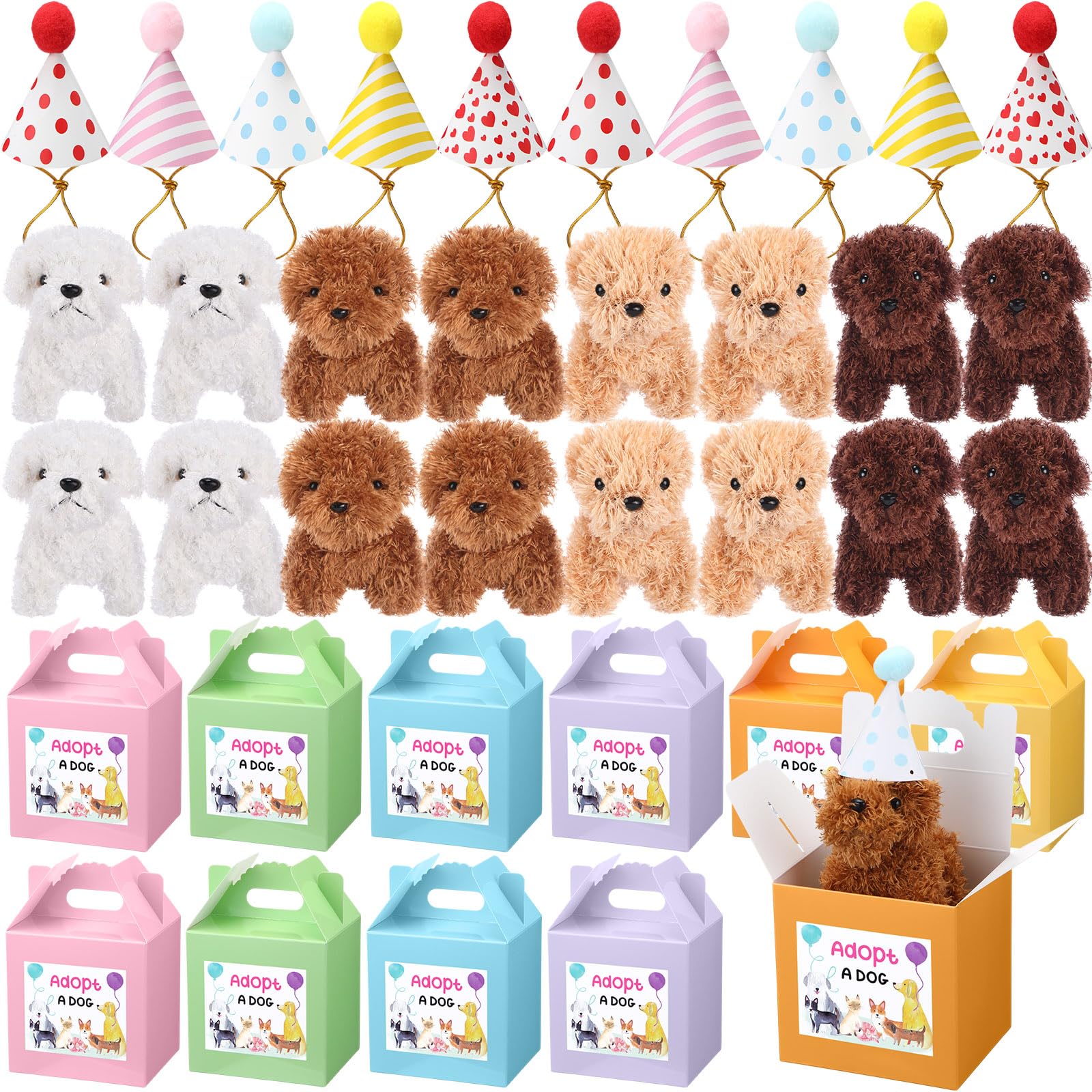 Photo 1 of Seenelling 20 Pcs Mini Plush Dog Bulk 4 Inch Small Stuffed Puppy Set Include 20 Adopt a Pet Kraft Paper Boxes and 20 Cute Cone Hats Soft Dog Animals for Kids Birthday Adopt a Puppy Favor Gifts