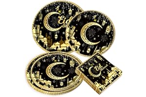 JeVenis Gold Eid Decorations Party Supplies Moon Stars Party Plates Napkins for Home Mubarak Decorations 16 Guest