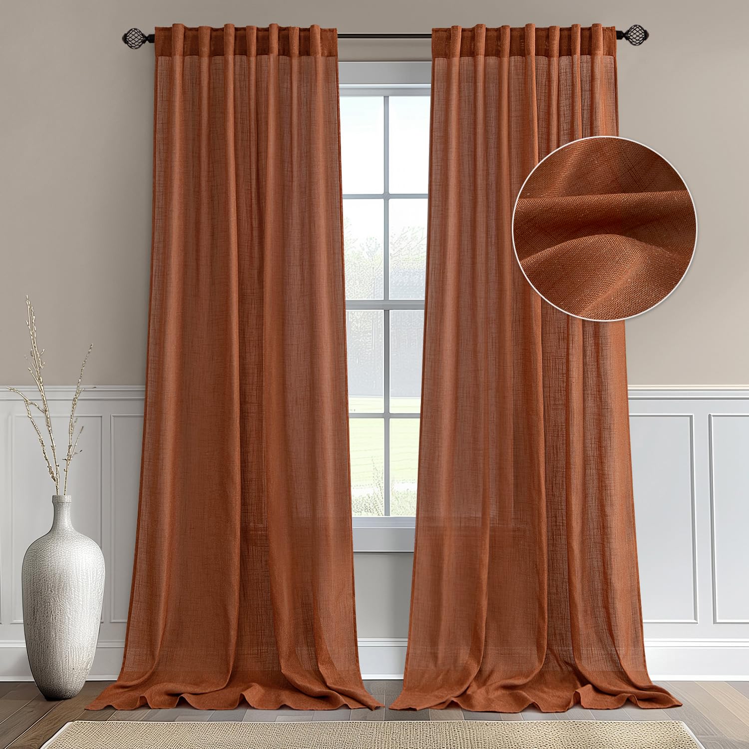 Photo 1 of MIULEE Linen Curtains 90 Inch Length for Living Room 2 Panels, Terracotta Rod Pocket Back Tab Light Filtering Semi Sheer Boho Soft Linen Window Fall Drapes Farmhouse Burlap Decor Curtains for Bedroom