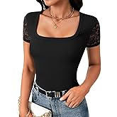 Rooscier Women's Lace Scoop Neck Short Sleeve T Shirts Ribbed Knit Slim Fitted Basic Casual Top