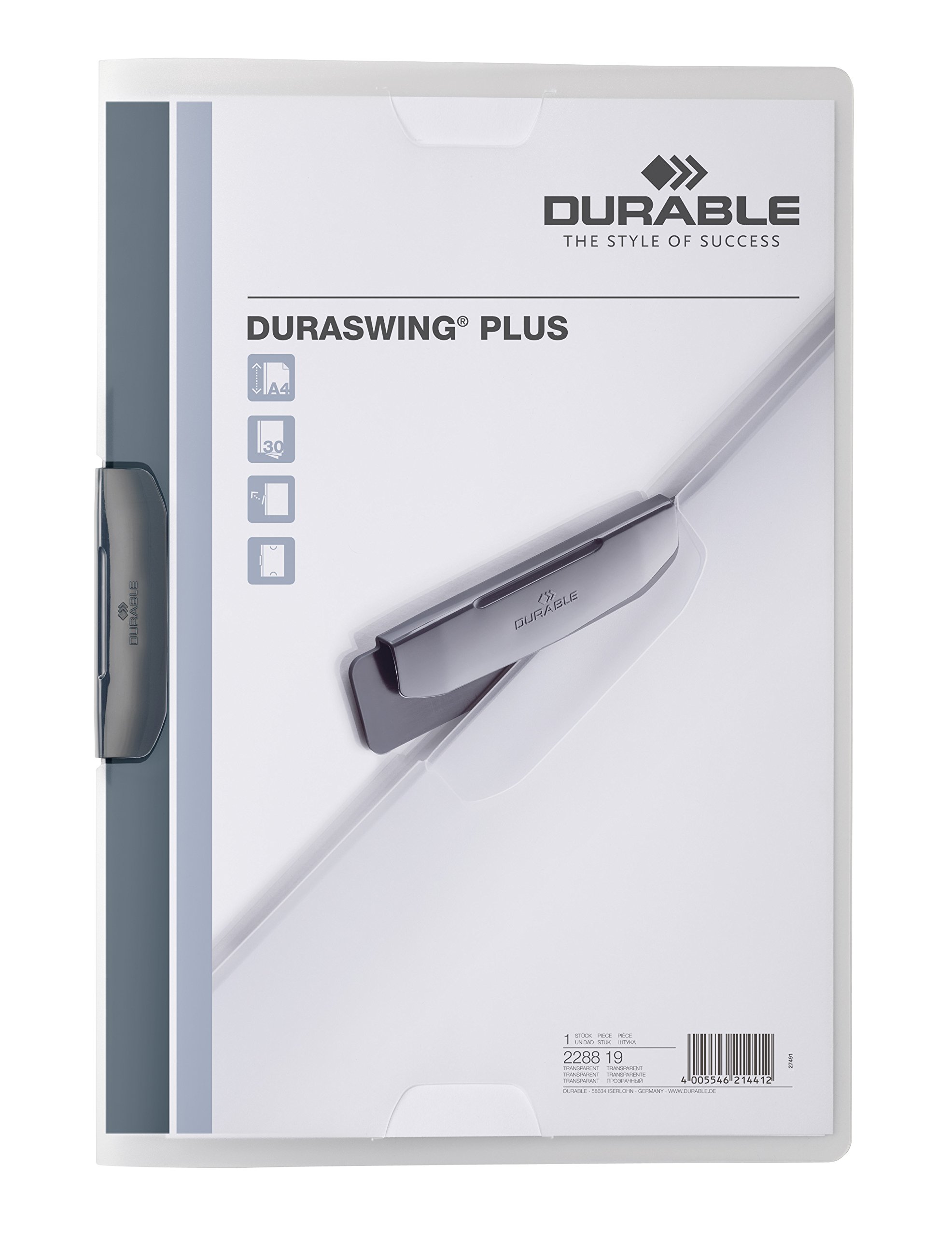 Durable Duraswing Plus HUNKE & Yoke Domestic Clamp, PP, 0.45 mm, 30 Sheets, Clear