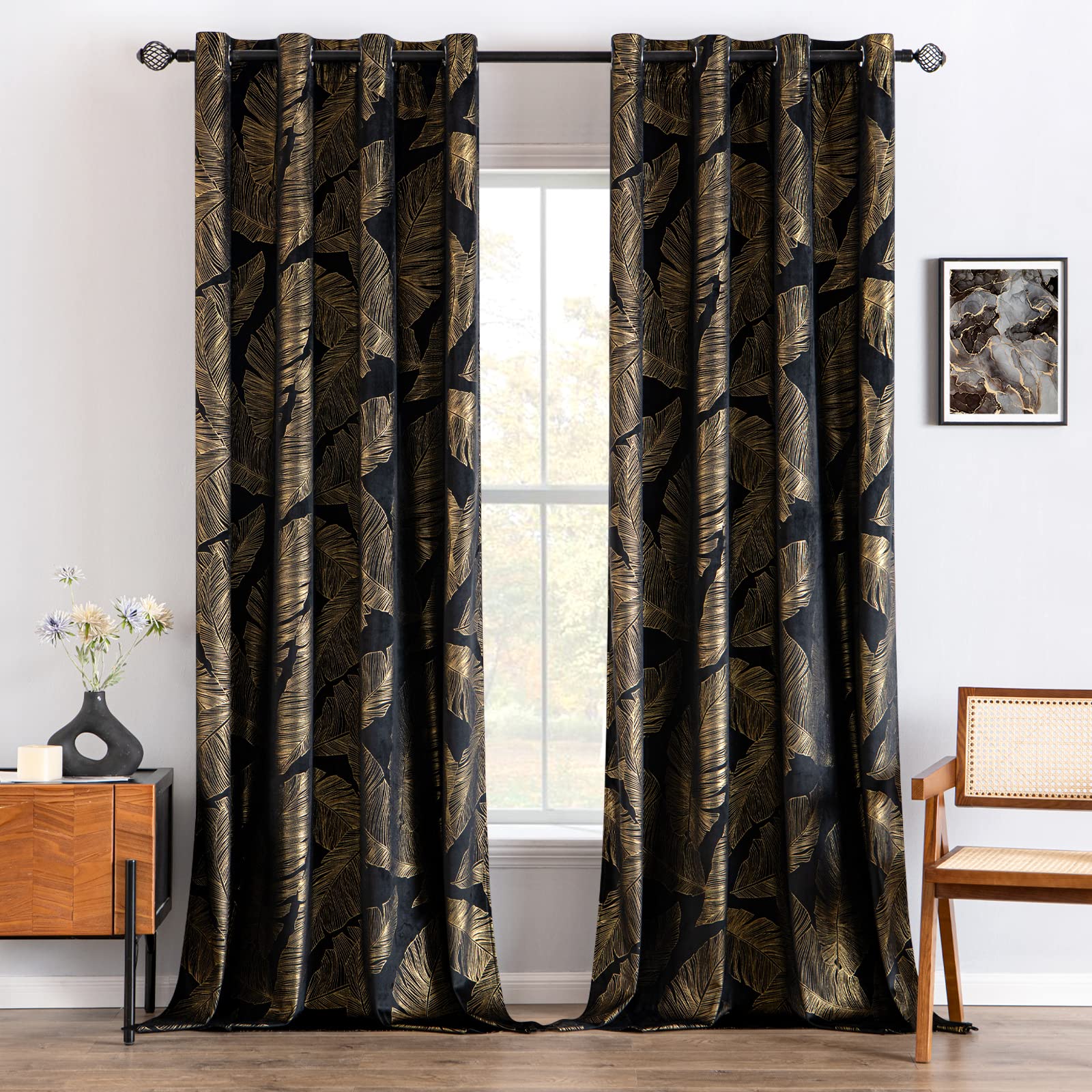 MIULEE Velvet Curtains with Gold Foil Leaves Pattern, 2 Pieces Black Velvet Curtains with Eyelets, Each 46 x 90 Inch, Room Darkening Curtain Drapes for Classical Living Room Bedroom
