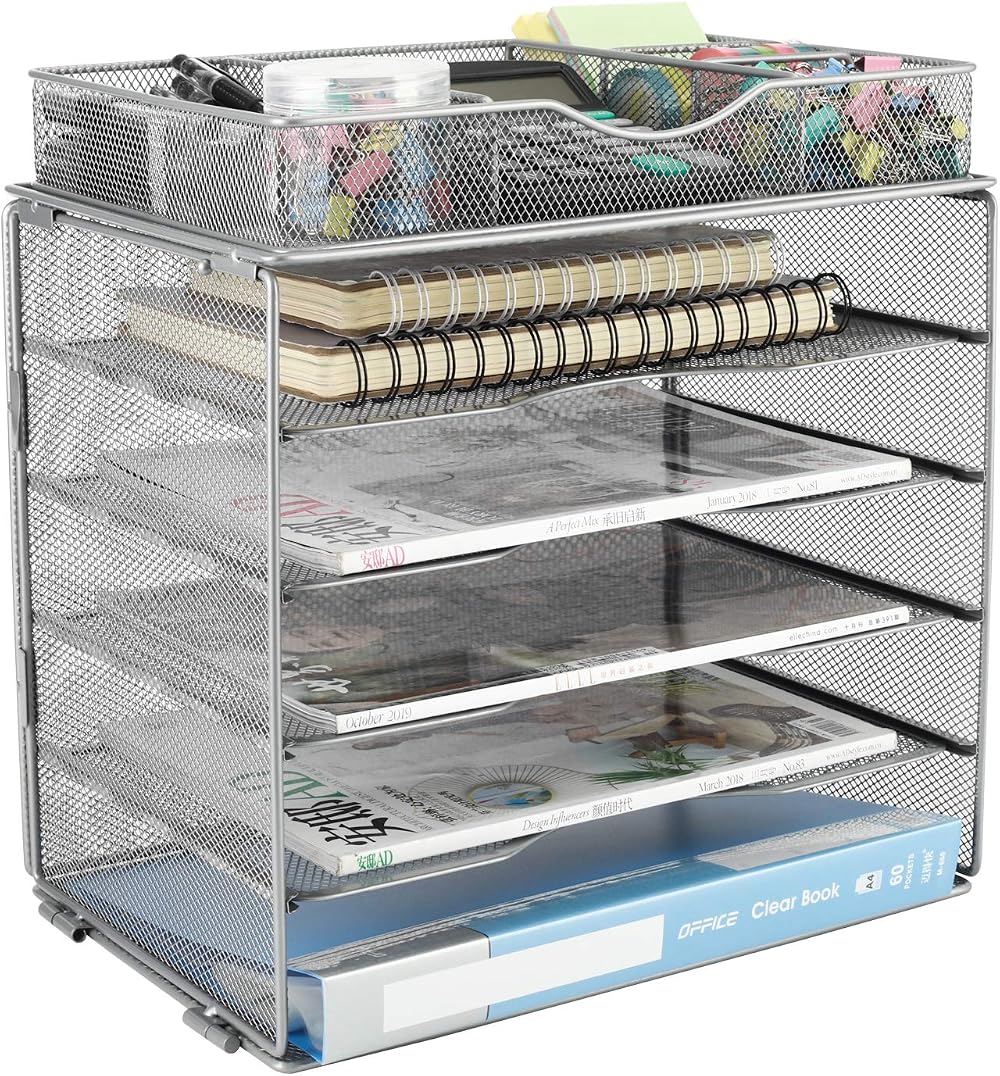 EasyPAG 5 Tier Metal Mesh A4 Desk Tray File Holder Organizer Silver