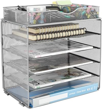 EasyPAG 5 Tier Metal Mesh A4 Desk Tray File Holder Organizer Silver