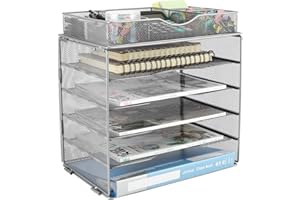 EasyPAG Desk Organizer Tray with Drawer 5 Tier Mesh File Sorter Paper Storage Organizer for Home Office Classroom, Silver