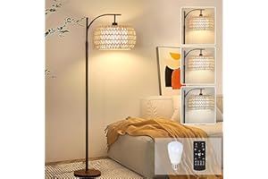 ZECOXOL Arc Floor Lamps for Living Room Rattan Boho Floor Lamp with Remote Control,Dimmable LED Floor Lamp Wicker Lamp Shades Black Standing Lamp with 3 Color Temperature Tall Floor Lamps For Bedroom Corner