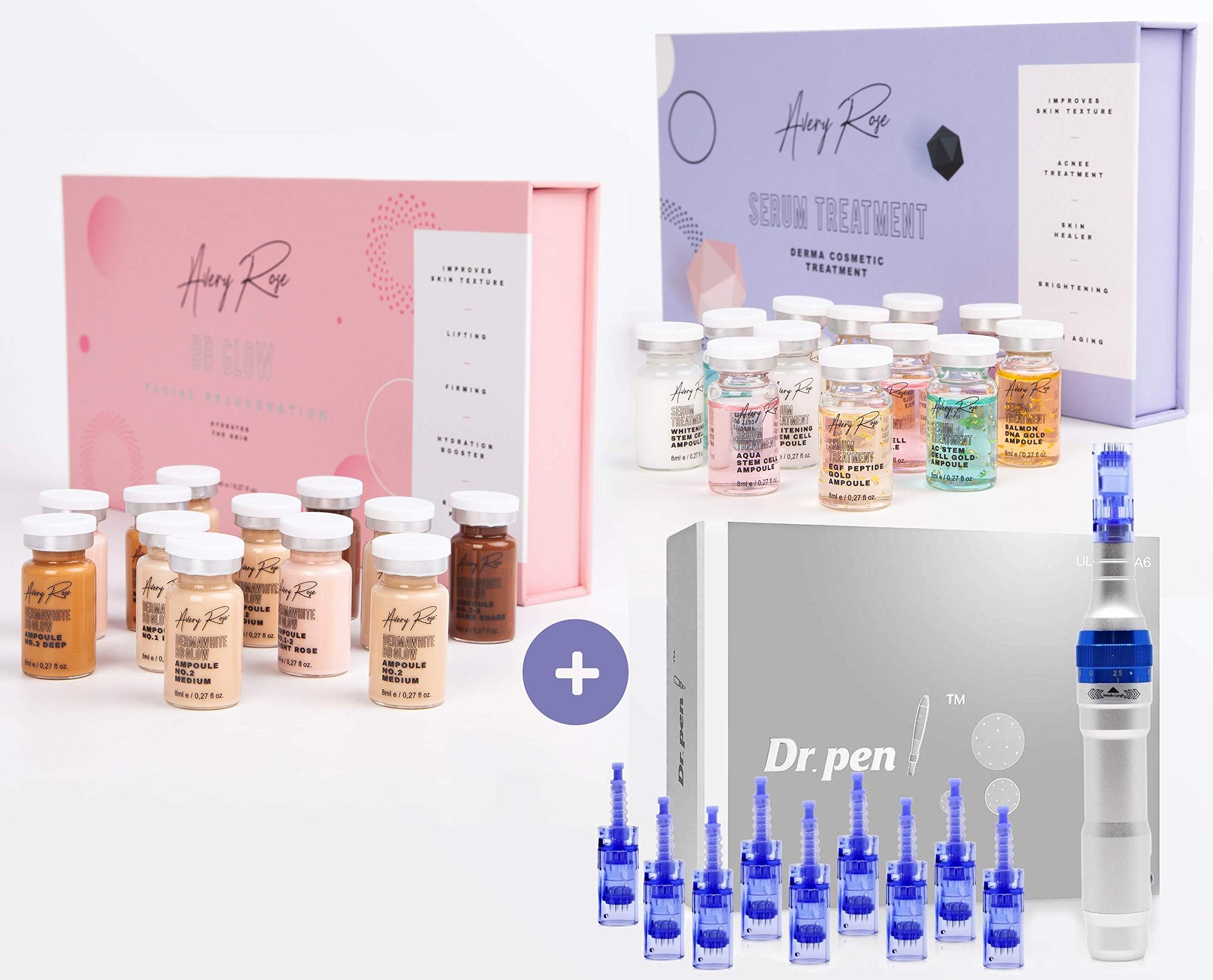 Avery Rose BB Glow + Dr. Pen Ultima A6 Electric Wireless Professional Skincare Kit including: 12 vials - 32 Cartridges Needles (12x 12 pin -10x 36 pin -10x Nano needles) (DR PEN + BB GLOW + SERUM)