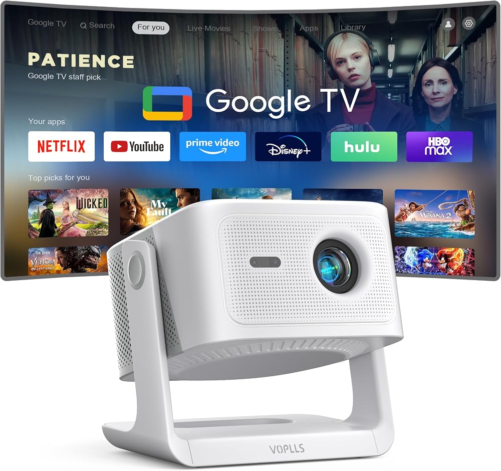 VOPLLS Smart 4K Projector Google TV Auto Focus 1200 ANSI 1080P Wifi Bluetooth