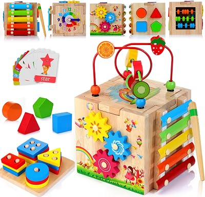 HELLOWOOD 8-in-1 Wooden Activity Cube Montessori Toy for 12+ Months