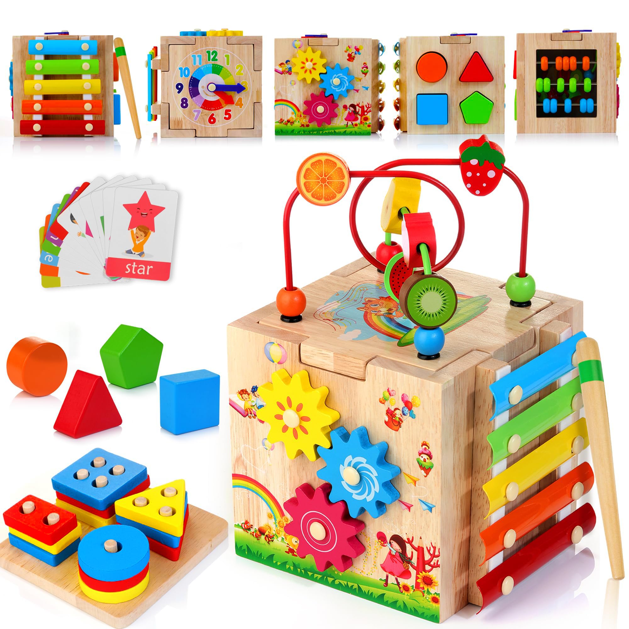HELLOWOOD Wooden Activity Cube Baby Toys, 8-in-1 Montessori Toys for 12+ Months, Bead Maze Shape Sorter Abacus Xylophone Words & Clock Learning, STEM Toys for Boys Girls Toys for 1 2 3 years old