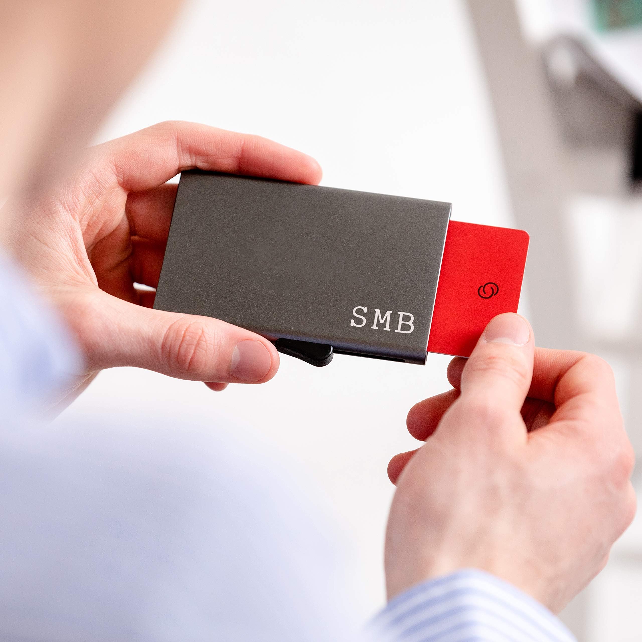 Personalised Initials Credit Card Holder RFID Blocker Grey Aluminium Slim Metal Card Wallet Monogram Design Engraved Gift for Men Him Dad - With Unique Thumb-Driven Card Ejector Mechanism