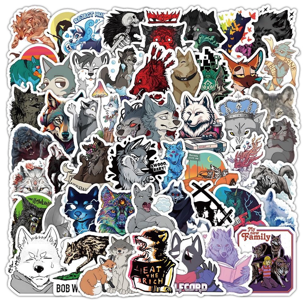 Wolf Stickers 50 Pcs Waterproof Cool Animal Stickers for Laptop Water Bottle Scrapbook Skateboard Hydro Flask Bike Guitar Car Phone Luggage,Vinyl Funny Cartoon Wolf Sticker for Teens Kids