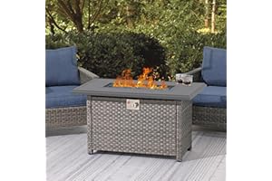 SUNSITT Outdoor Fire Pit Table 43 Inch Wicker Propane Fire Pit with Aluminum Tabletop 50,000 BTU Gas Firepit with Fire Glass, Lid, Cover, Taupe Rattan