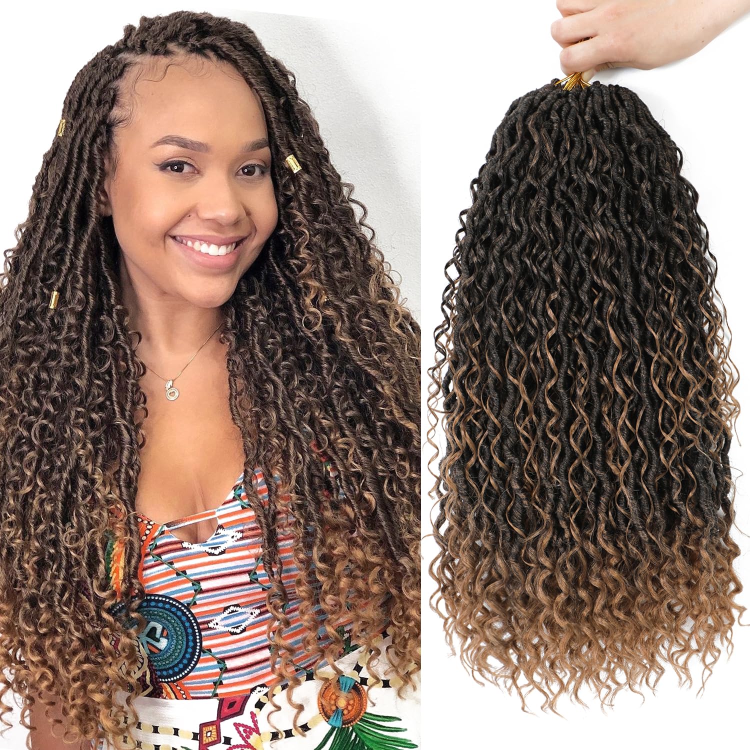 Photo 1 of 8 Packs Goddess Faux Locs Crochet Hair for Black Women, Long Goddess Locs Crochet Hair, Boho Style Locs, River Hair with Curly Ends (22Inch, T27#, 8Packs)