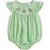 Muineobuka Newborn Baby Girl Summer Outfits Smocked Short Sleeve Bubble Romper Toddler Cute Embroidery Gingham Bodysuit