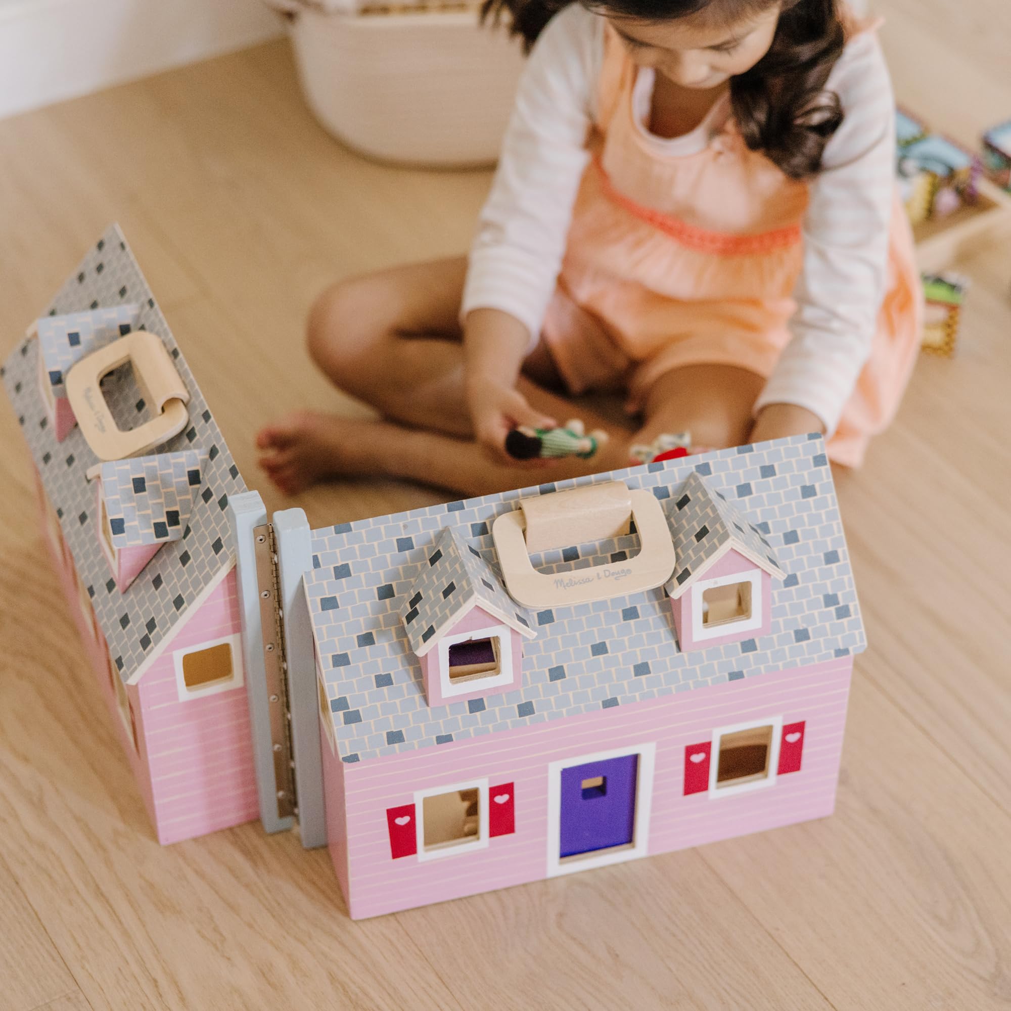 Melissa & Doug Fold and Go Wooden Dollhouse with 2 Dolls and Wooden Furniture,Multi,One Size