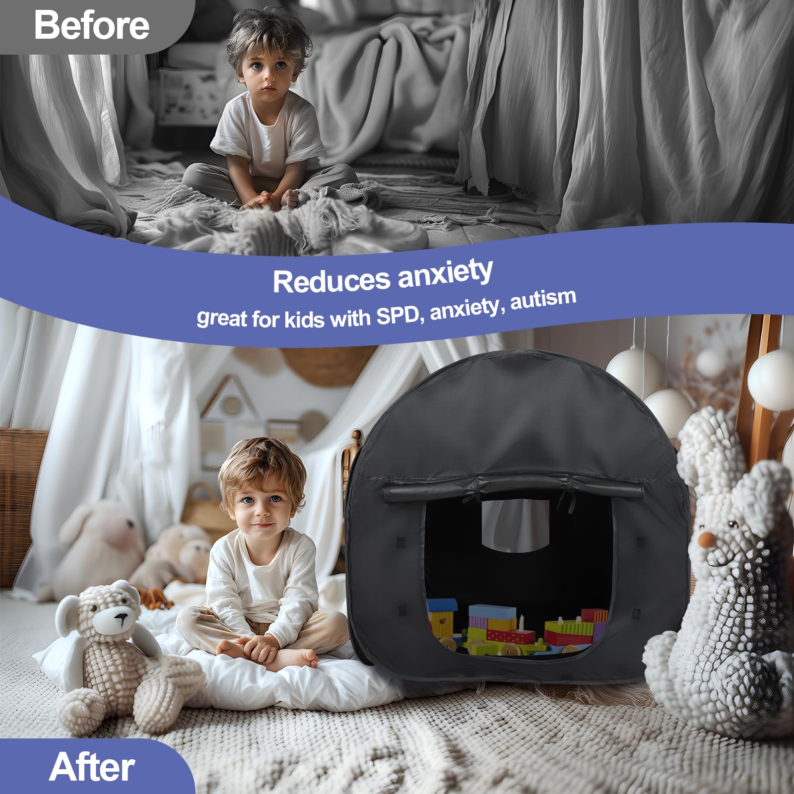 FAHKNS Sensory Tent for Kids with Autism, SPD, Anxiety, ADHD, Calm Corner for Children to Play and Relax, Play Pop-up Blackout Tent with Travel Bag, Sensory Play Tent Sensory Den