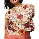 RIATOUR Women's Embroidered 3D Floral Blouse Short Sleeve Crew Neck Sheer Lace Tee Shirts