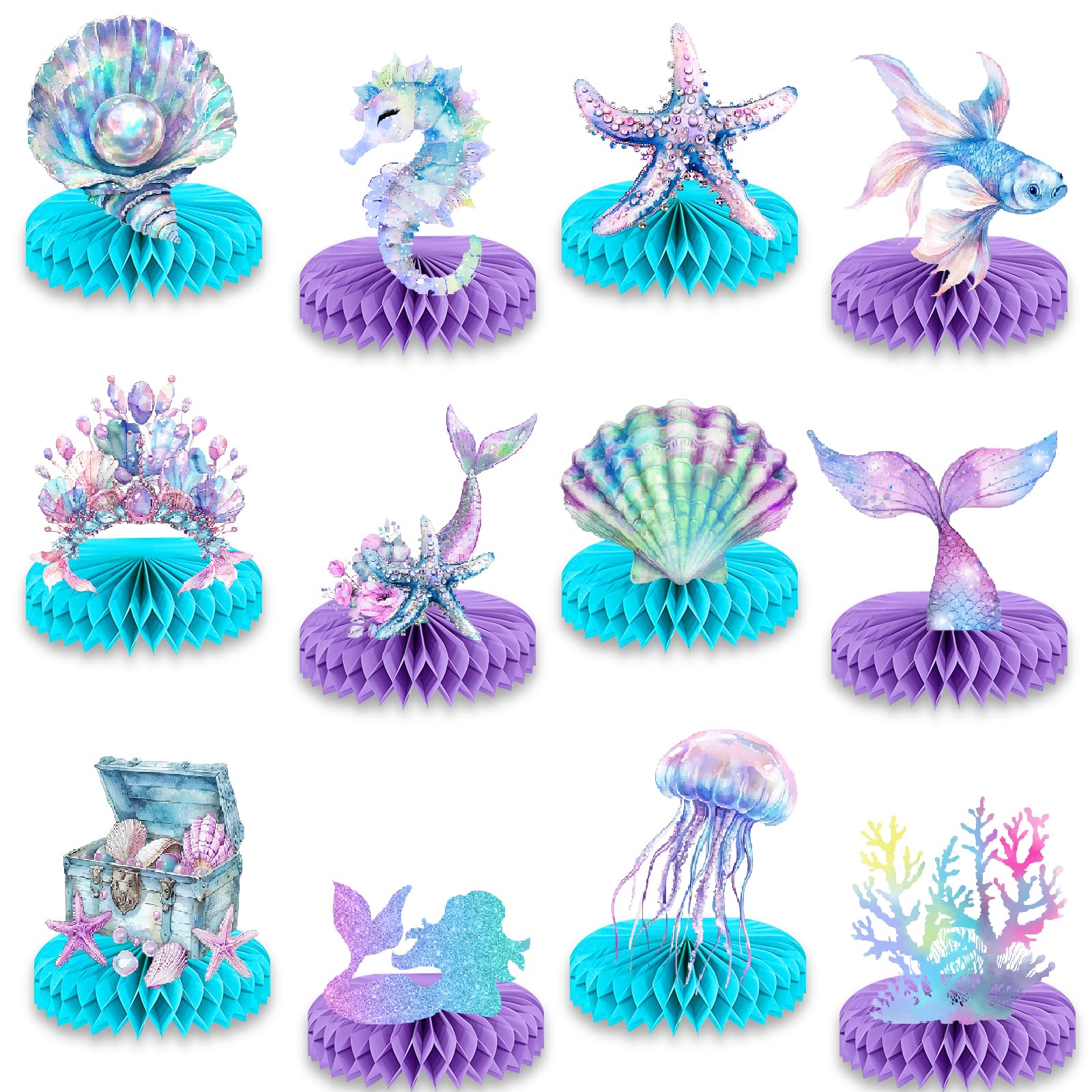 Photo 1 of 12 Pcs Mermaid Birthday Decorations Mermaid Birthday Honeycomb Centerpieces for Under The Sea Party Decorations Ocean Table Honeycomb for Ocean Birthday Baby Shower Party Favors