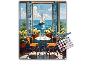 OFFITO Paint by Numbers Kit for Adults - Seaside Landscapes Acrylic Adult Paint by Number Kits on Canvas for Beginner, Window View DIY Oil Painting by Numbers for Adults , Perfect for Home Decor Gift 16"x20"