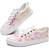 Obtaom Women's White Play Fashion Sneakers Cute Lace up Canvas Shoes Low Top Washed Canvas Flat for Lady