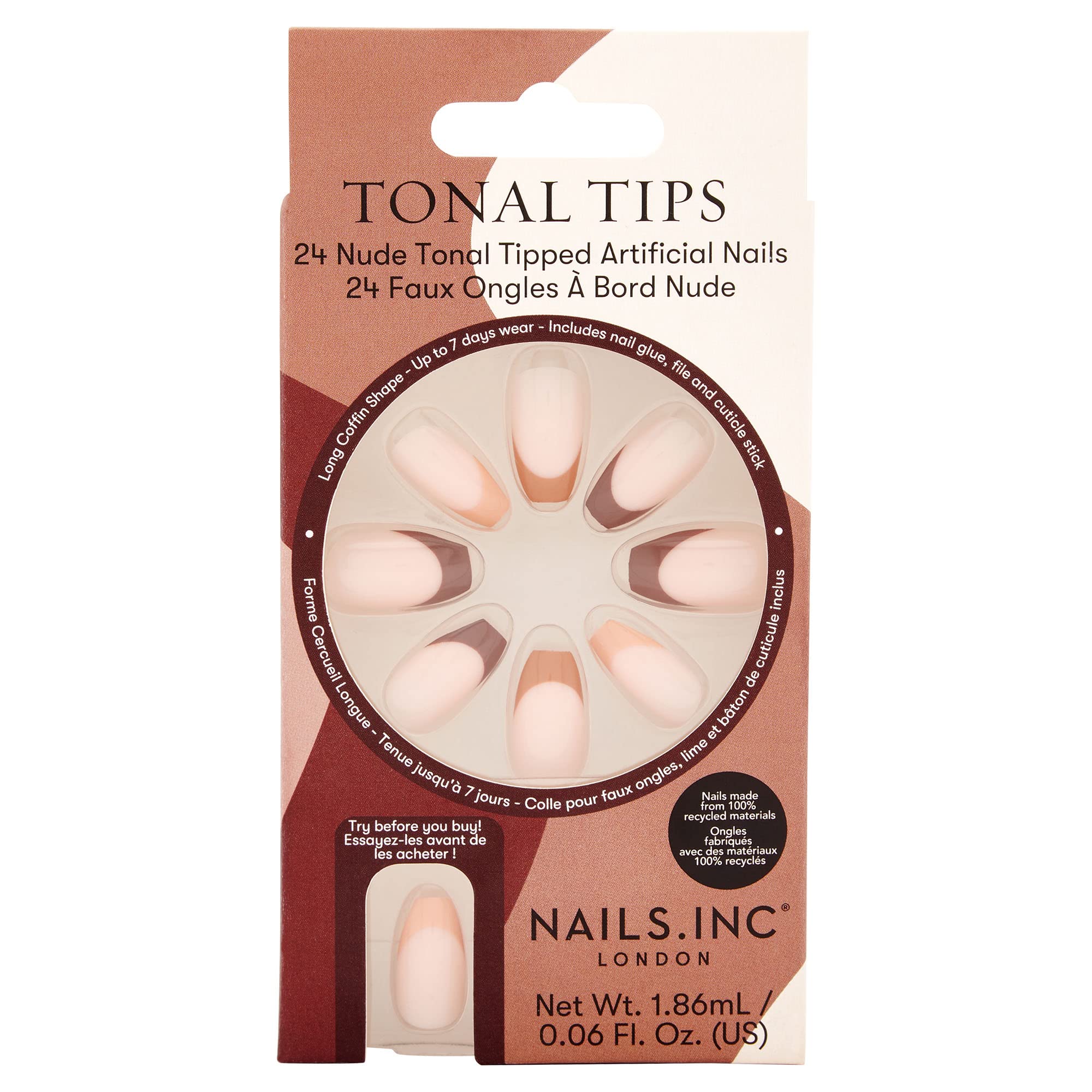 Nails Tonal Tips Nude Tipped Artificial Nails Pack of 24, Variety Pack