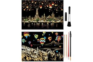 MIASTAR Scratch Painting Kits for Adults & Kids, Craft Art Set, Rainbow Scratch Art Painting Paper, Sketch Pad DIY Night View Scratchboard, 16'' x 11.2'' with 6 Tools kit (Hot air balloon / Chiang Mai)