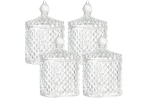 4 Pcs Crystal Glass Candy Jar Set with Lids Home Decorative Storage Jars for Apothecary, Bathroom, Kitchen, and Pantry, Ideal