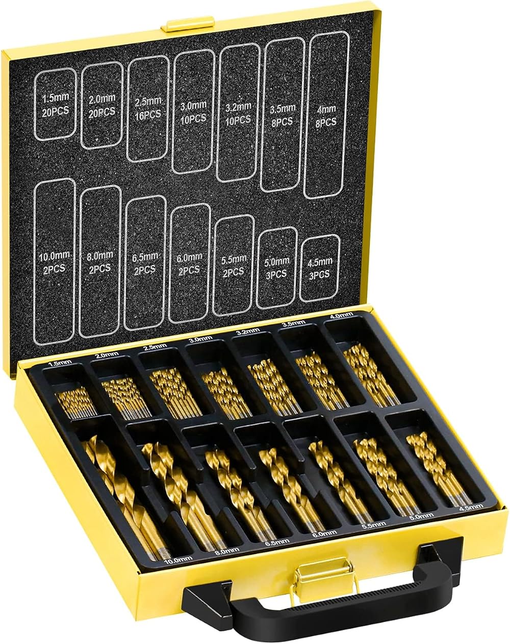 TOPEC 108pc HSS-Titanium Drill Bit Set 1.5-10mm 14 Sizes Self-Centring 118° Tip