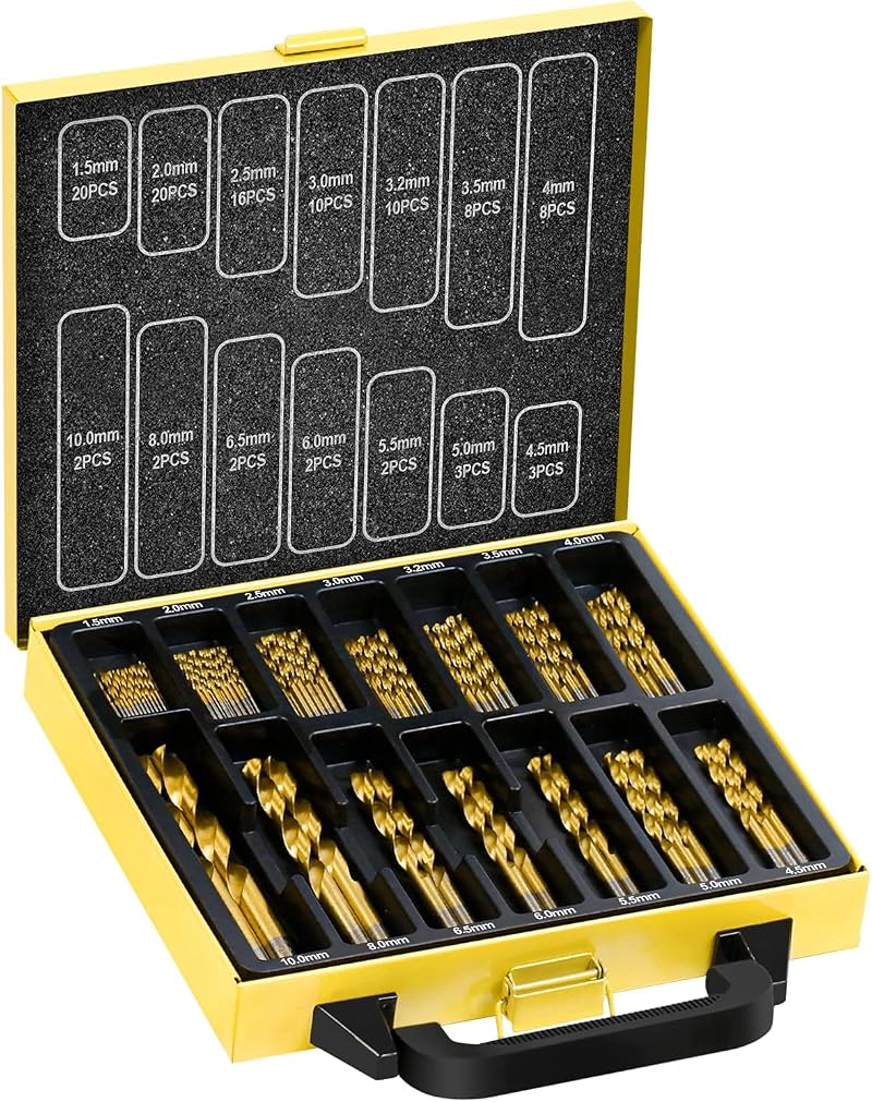 TOPEC 108pc HSS-Titanium Drill Bit Set 1.5-10mm 14 Sizes Self-Centring 118° Tip
