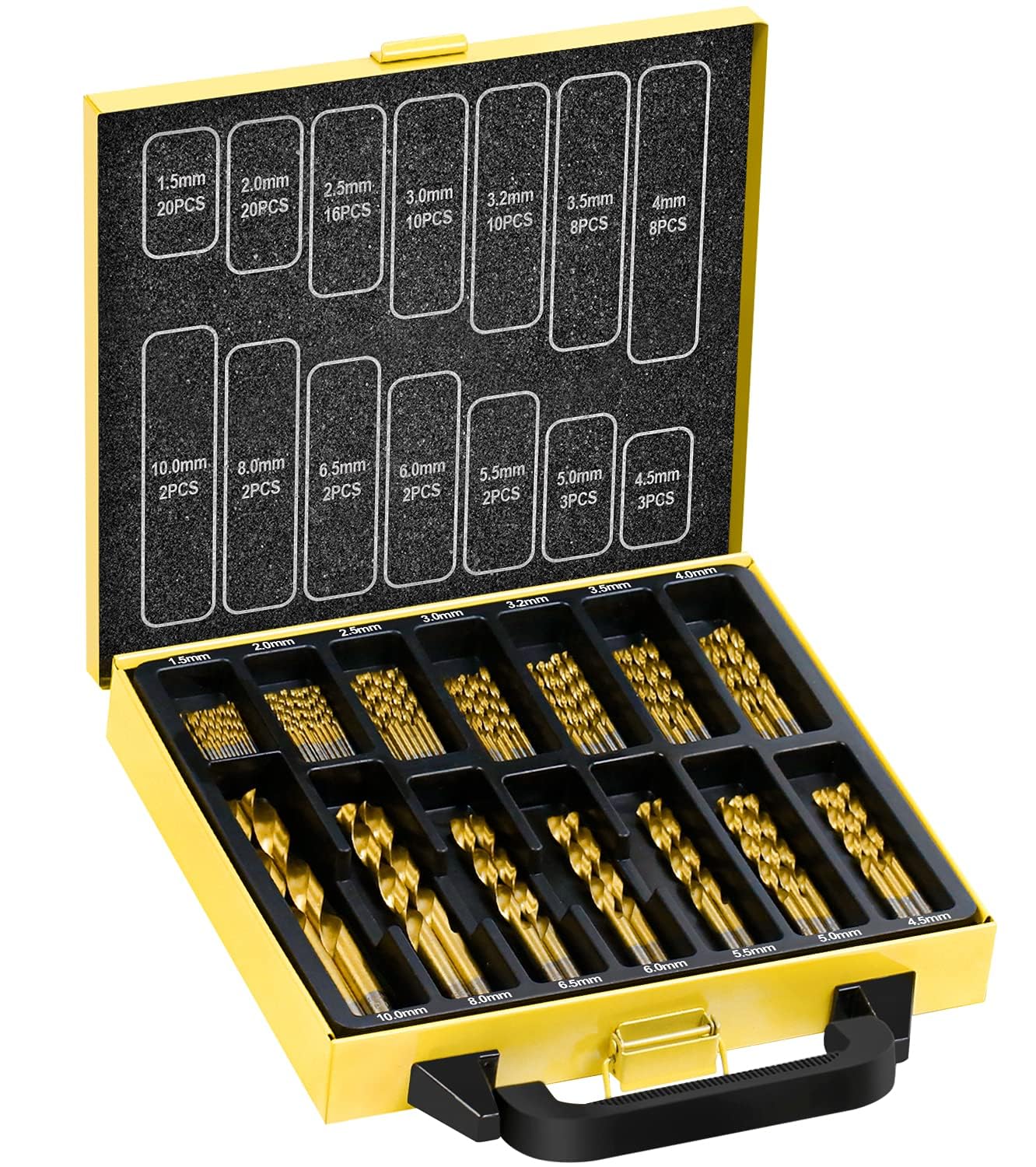 TOPEC 108 pc HSS-Titanium Drill Bit Set, Multi-Material Timber Metal Plastic Aluminium, 1.5-10 mm × 14 Sizes, Self-Centring 118° Tip, No Pilot Hole Needed, Metal Storage Case, DIY & Pro Use