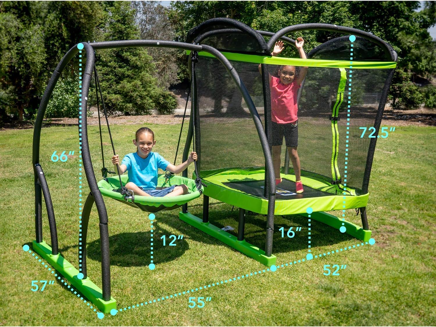 swing set with trampoline and saucer