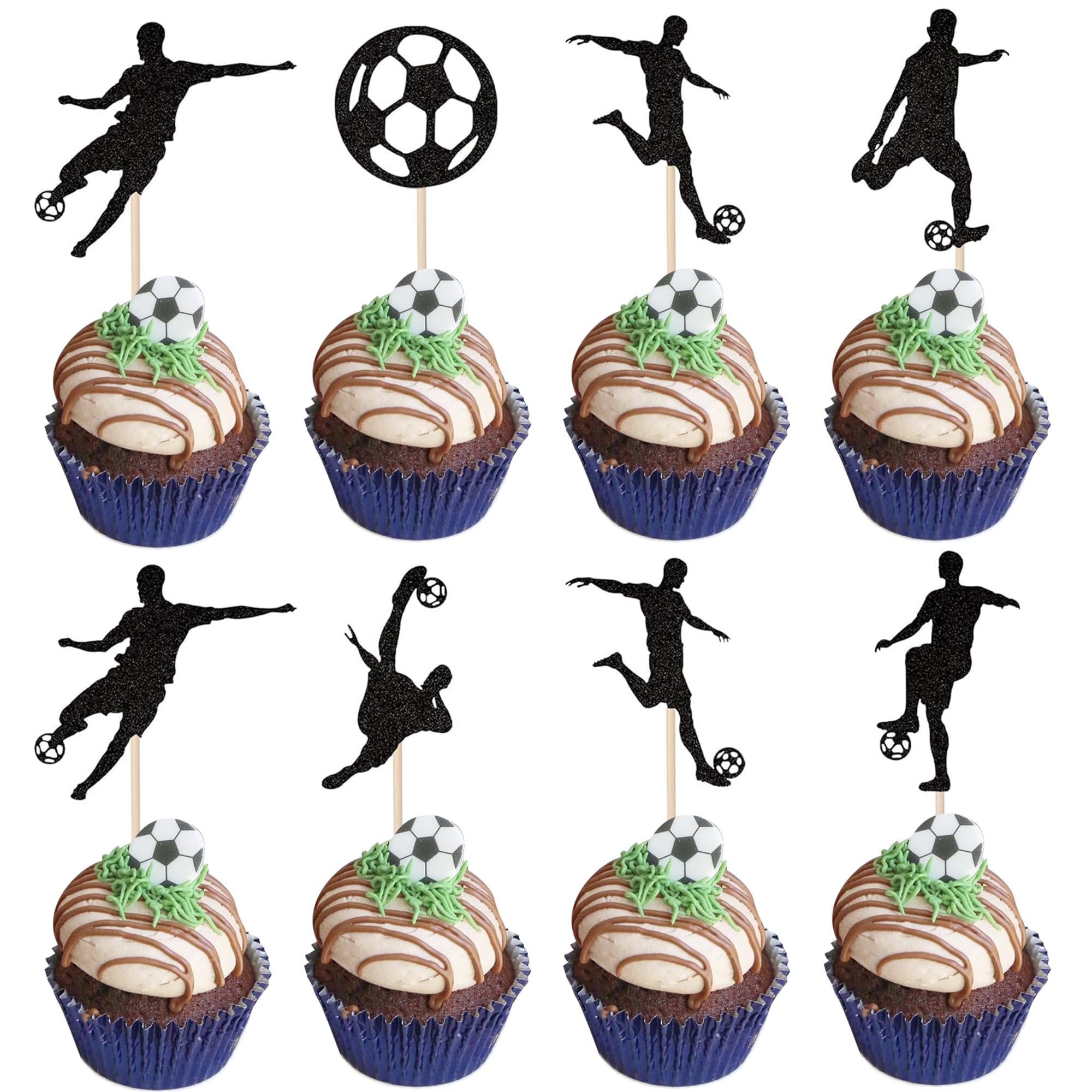 SYKYCTCY 30 Pack Soccer Cupcake Toppers Glitter Soccer Ball Cupcake Picks Sport Cake Decorations Football Theme Birthday Party Baby Shower Kids Boys Men Birthday Party Favors Supplies Black