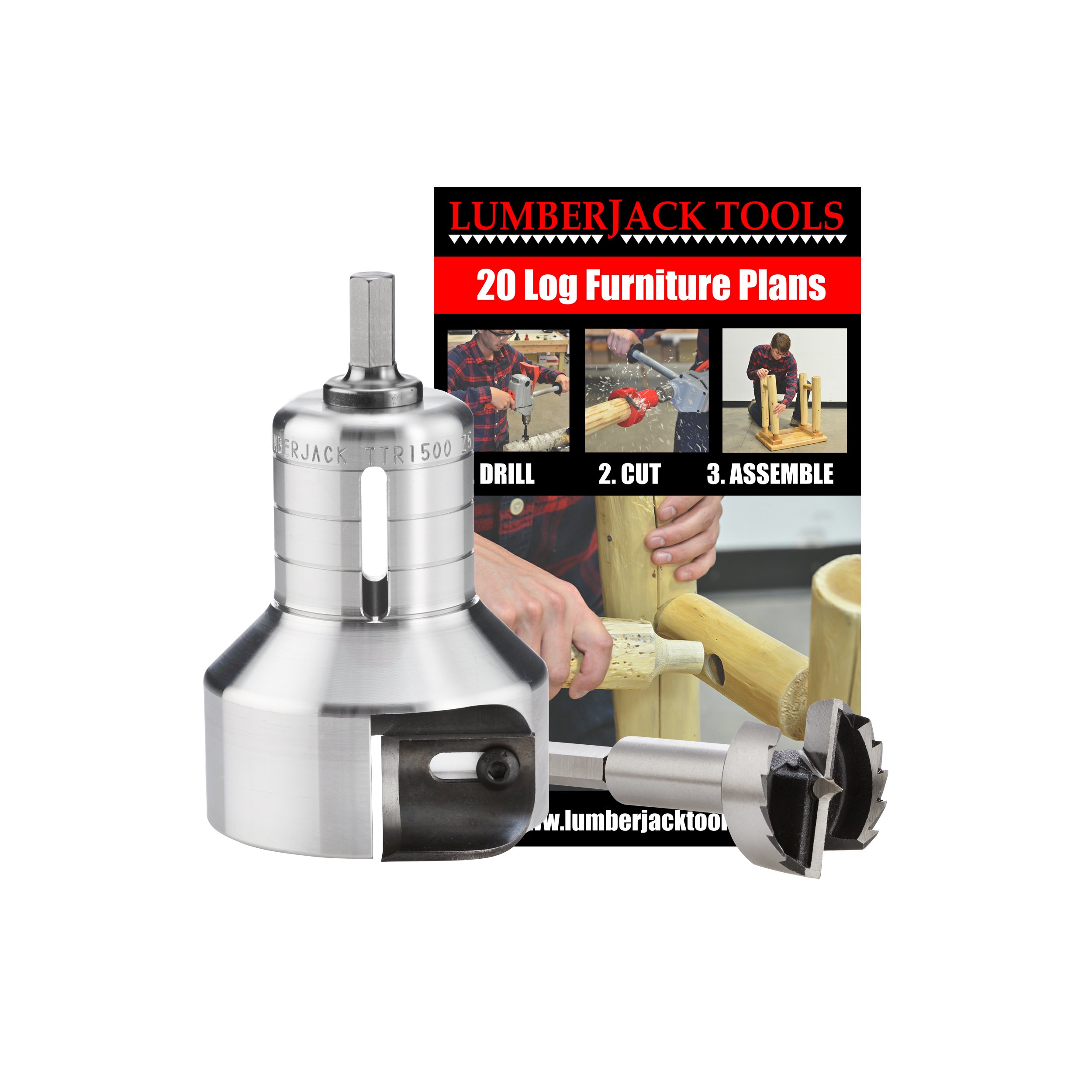 Lumberjack Tools Tenon Cutter Kit for Log Furniture, 1.5" Cutter & Forstner Bit, Pro Series Aluminum, 1/2" Shank, Dual Blades Create a Radius Shoulder Profile, Made in USA