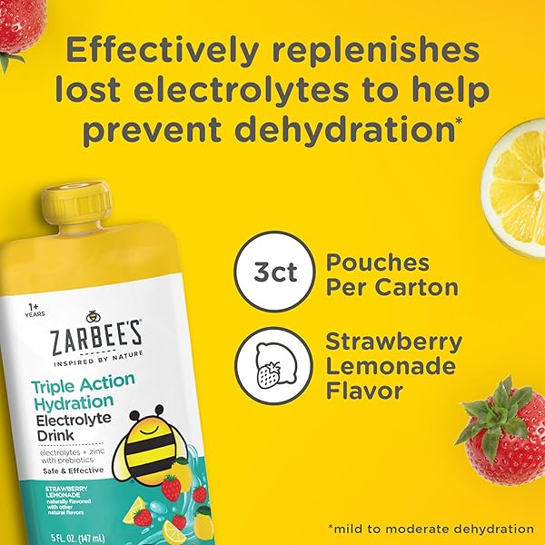 ZARBEE’S TRIPLE ACTION HYDRATION ELECTROLYTE DRINK FOR KIDS WITH ZINC & PREBIOTICS, REPLENISHES LOST ELECTROLYTES AND HELPS PREVENT DEHYDRATION*, DYE-FREE, STRAWBERRY LEMONADE FLAVOR, 3 X 5 FL. OZ