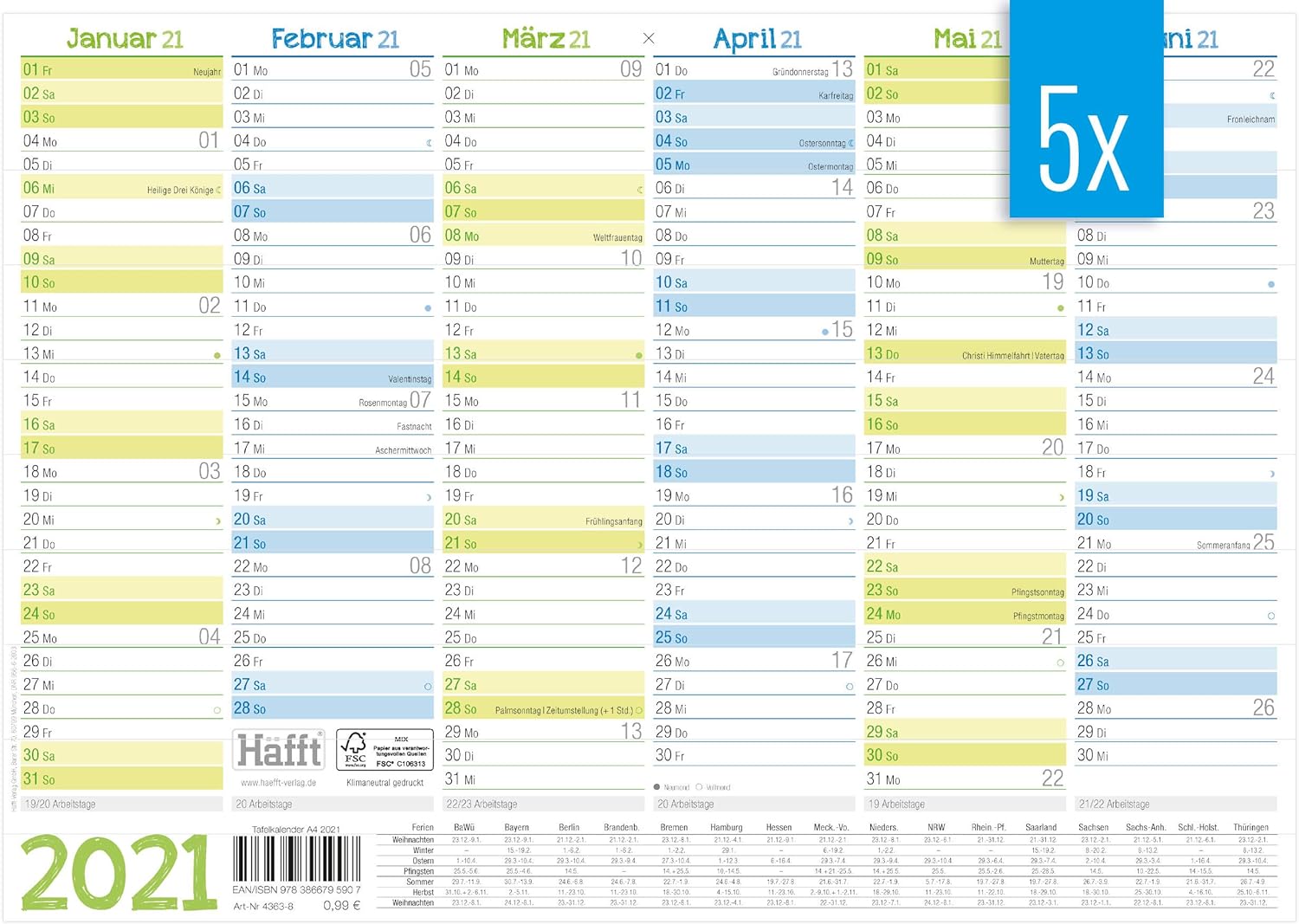 5 x Premium Tafelkelander 2021 A4 quer - Jahresplaner, Wandkalender