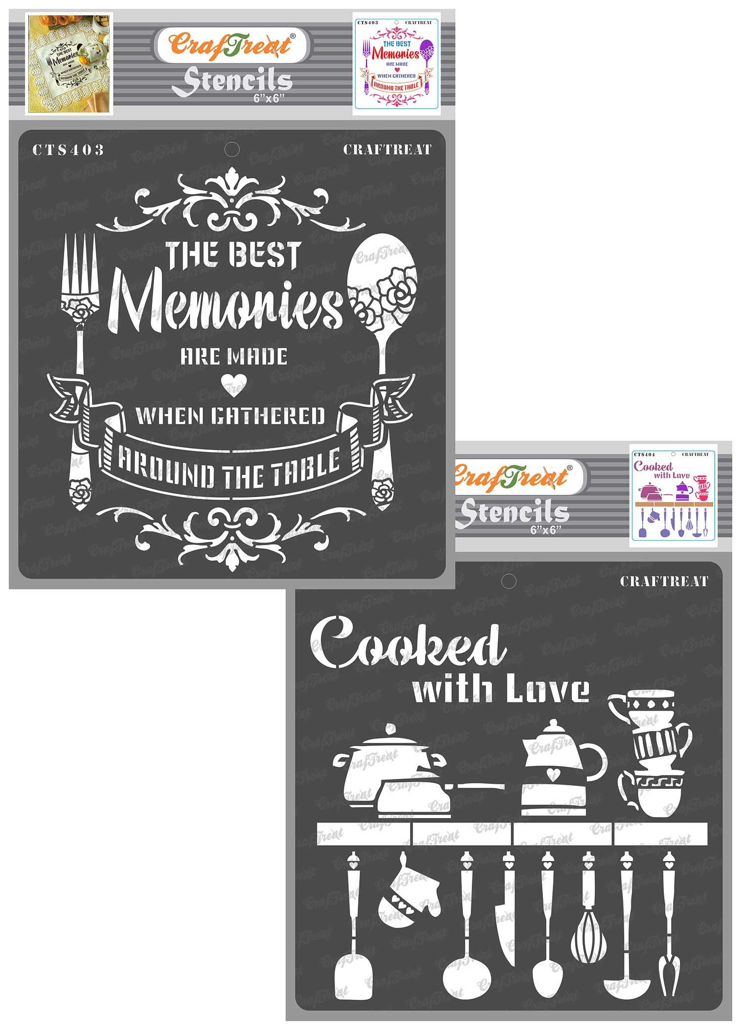 CrafTreat Reusable Kitchen Stencils for Painting on Wood, Canvas, Fabric, Wall - Dining Memories and Cooked with Love (2 Pcs) -6x6 Inch Each - DIY Art and Craft Stencils with Quotes