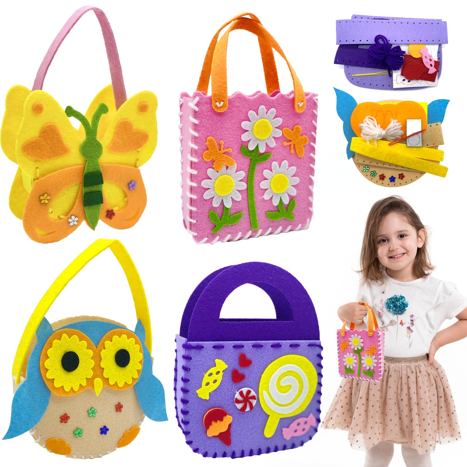 Cosysparks Felt Sewing Craft Kit for Kids, 4 Pack Handbag Sewing Kit Childrens Sewing Kits for Beginners Fun DIY Educational Sewing Craft Gift with Sewing Tools for Girls (Style1) — image 1