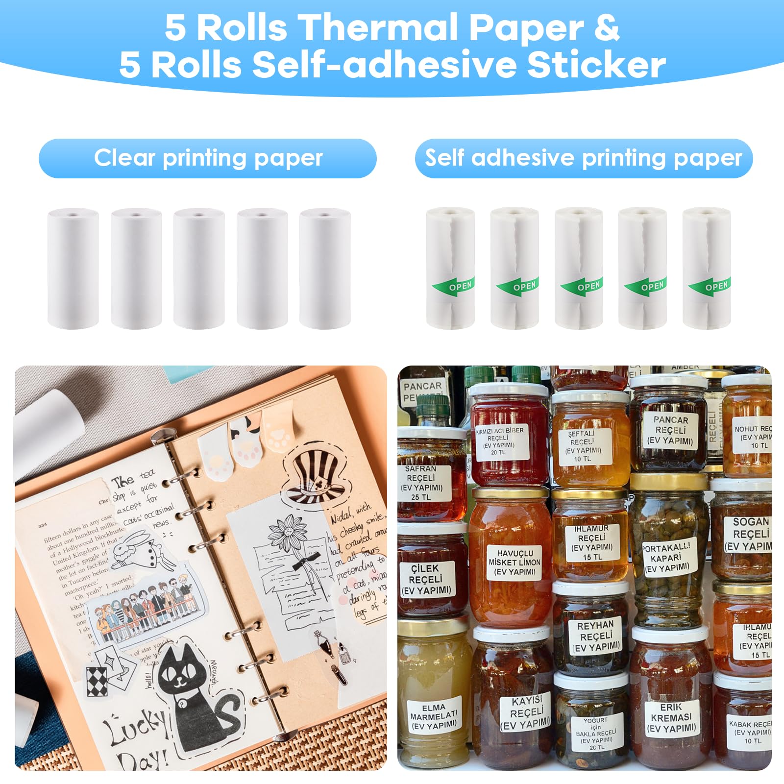 HuiJuKeJi 10 Rolls Thermal Inkless Printing Paper for Mini Sticker Receipt Printer Portable Bluetooth Pocket Printer, Including 5 rolls of adhesive thermal Paper for Photo Journal Notes Memo-57x25mm