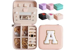 BeBeGee Letter Travel Jewelry Case with Mirror, Mini Portable Jewelry Travel Organizer, Small Jewelry Box for Bridesmaid Gift, Travel Essential to Store Ring, Necklace, Earring(Peach Pink-Letter A)