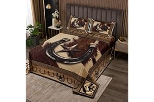 MANFEI Western Cowboy Bedspread Queen Size,Texas Star Horseshoes Rustic Coverlet Set,Boys Girls Adults Room Decor,Farmhouse Cow Fur Wooden Plank Quilted Coverlet,Brown Retro Bedding Quilt,2 Pillowcases