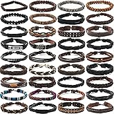 SROBENZ 36Pcs Braided Leather Bracelets for Men Women Wrap Wood Beads Cuff Bracelet Hemp Cords Ethnic Tribal Handmade Wrap Wristband Bracelets Set Adjustable