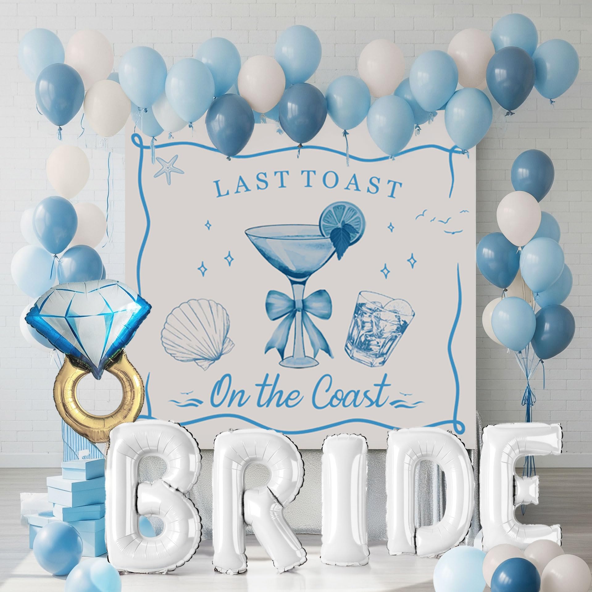 Photo 1 of Last Toast on the Coast Bachelorette Decorations Blue bridal shower sand Balloon Garland Kit with Backdrop Huge 40 inch BRIDE letter Diamond Ring balloons for Hen Party Wedding Engagement supplies