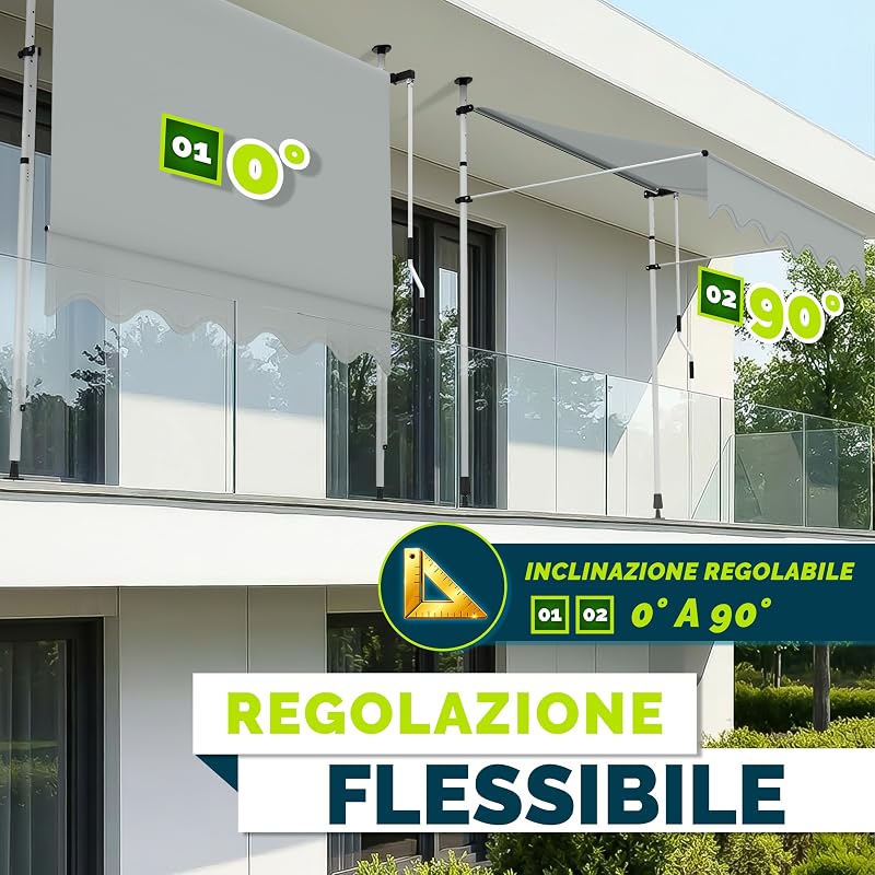 Tenda da Sole a Bracci con Manovella | Protezione Balcone, Regolabile, Senza Forare, a Manovella | Tenda resistente per Esterno (Grigio chiaro, 250cm)