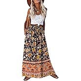 Zeagoo Women's 2026 Boho Floral Skirt Casual Elastic High Waist Maxi Skirts Flowy A Line Beach Long Skirt with Side Pockets
