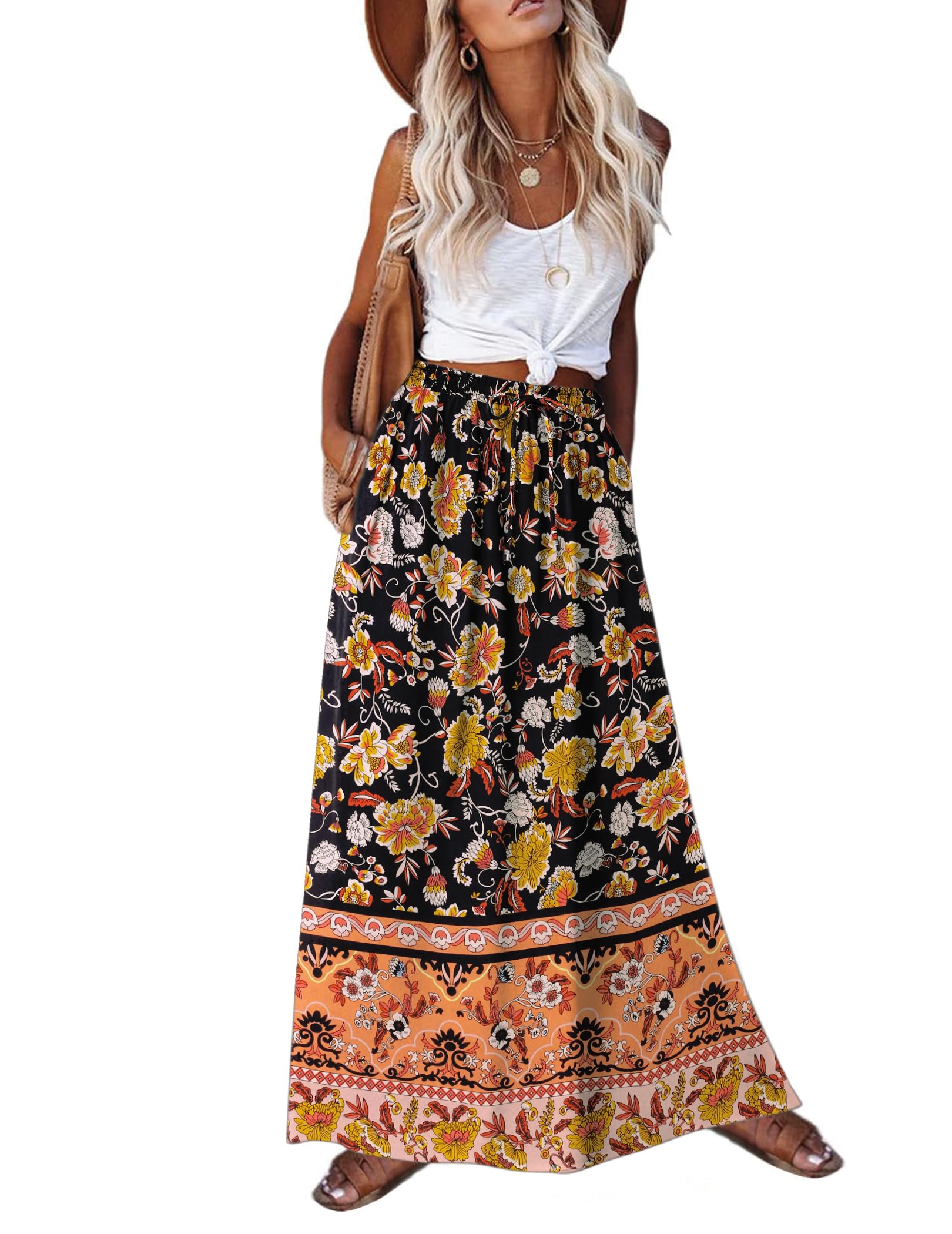 Photo 1 of ************DRESS IS SLIGHTLY DIFFERENT PATTERN THAN STOCK PHOTO****************
Zeagoo 2025 Women's High Waist Pleated Maxi Boho Hawaiian Print Tie Waist Skirt Spring Summer Floral Flowy Midi A Line Skirt Black Yellow