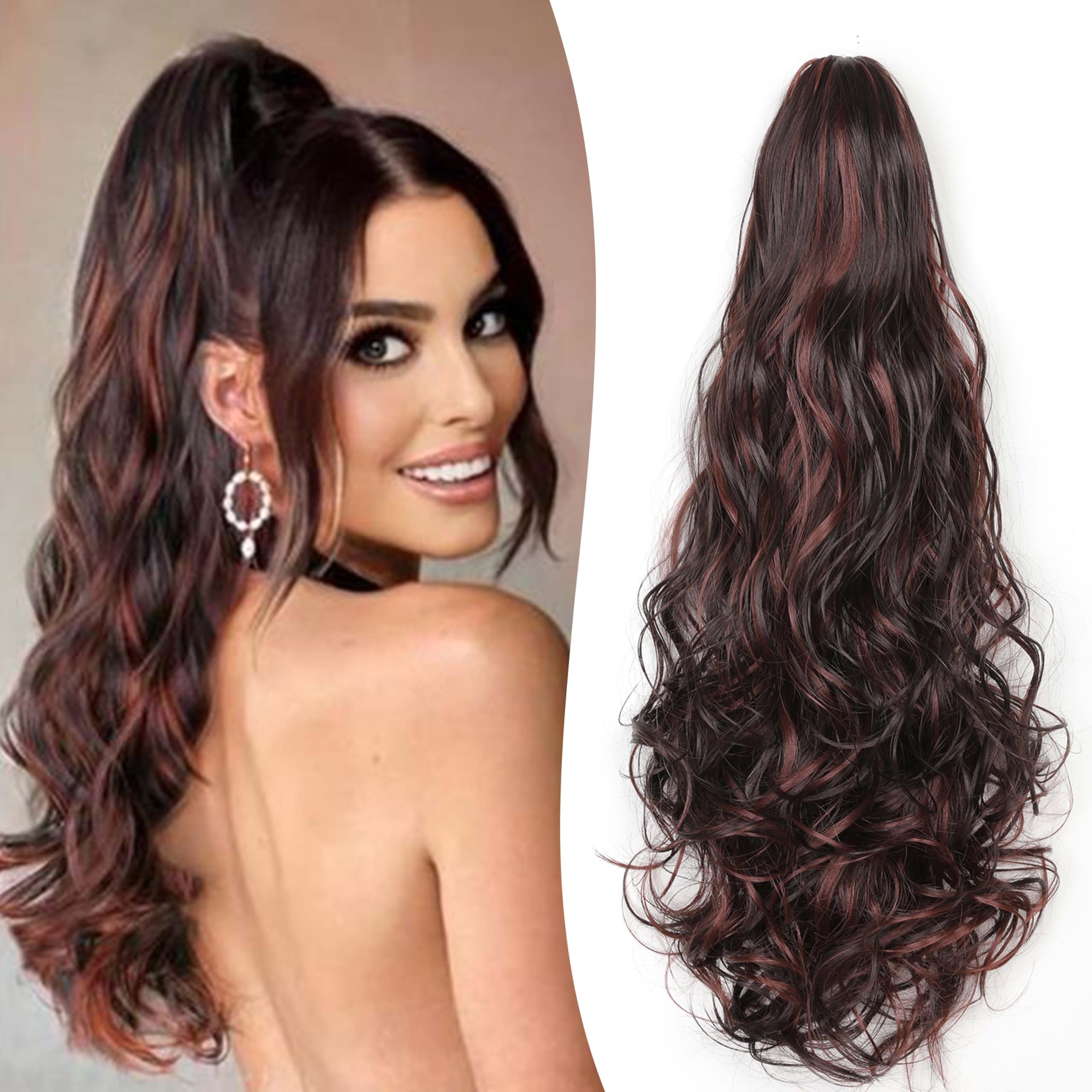 Gairyan 20inch Ponytail Extension Clip in Ponytail Hair Extensions Curly Wavy Pony Tails Claw on Ponytail Long Wave Synthetic Hairpieces for Women Soft Real Look (Dark Brown mix Dark Auburn)