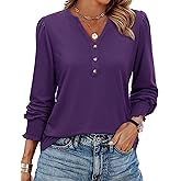 Uhiger Womens Tunic Tops Dressy Casual Long Sleeve Henley V Neck Shirts for Women Button Up Blouse